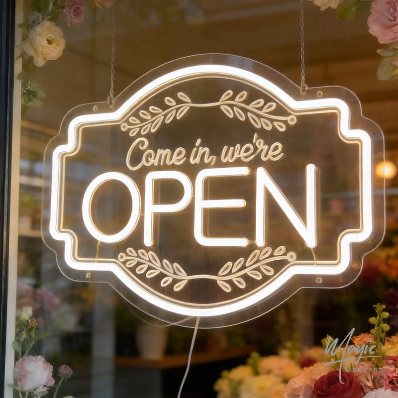 Panneau lumineux OPEN « Come in, we're open » en néon LED blanc chaud, 42 cm