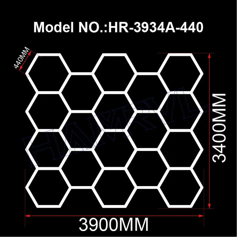 Plafonnier hexagonal LED – modèle de 18 hexagones, 390 x 340 cm