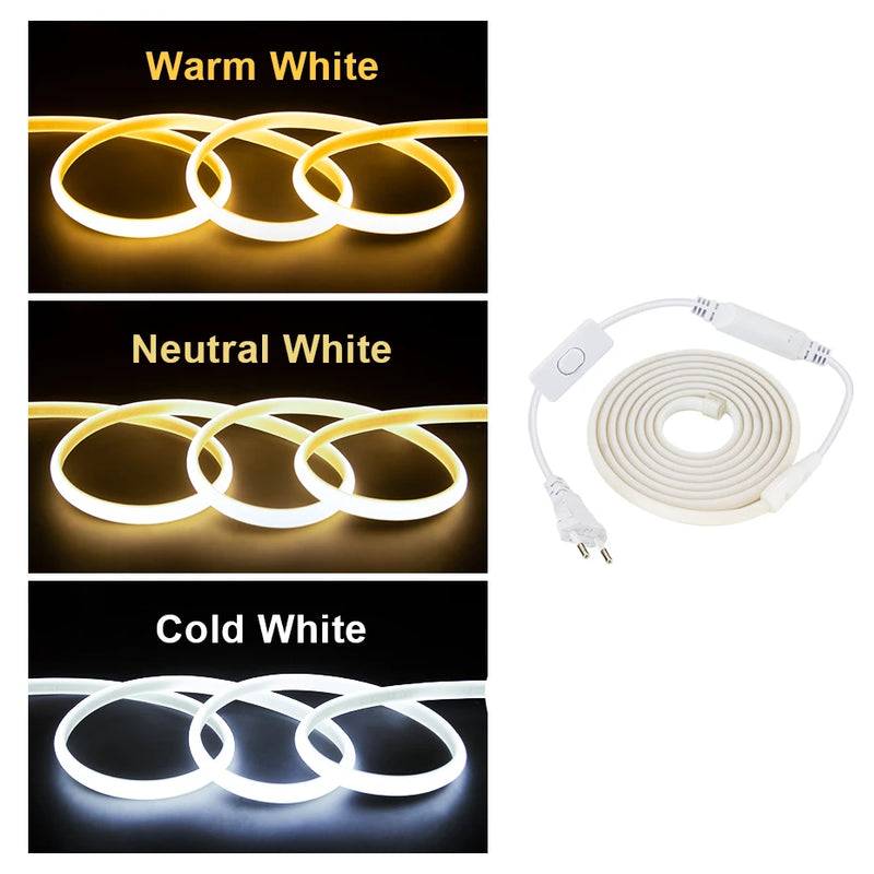 Ruban LED COB 220 V – blanc chaud, blanc neutre et blanc froid en boucles, avec câble à interrupteur