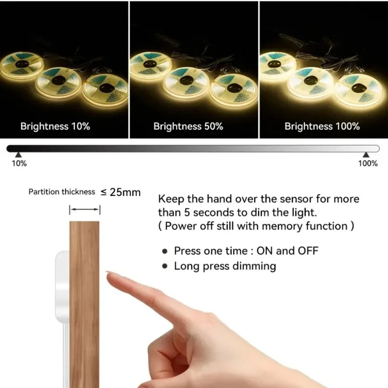 Ruban LED COB sous armoire – intensité à 10, 50 et 100 % et capteur à travers une cloison