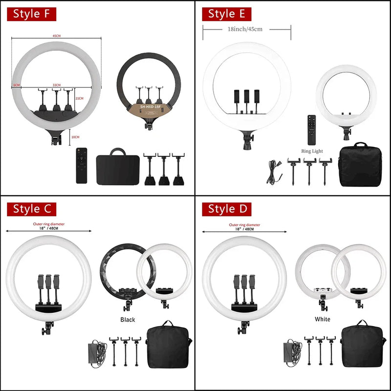 Ring light 18 pouces – les quatre versions de l'anneau comparées avec leurs accessoires