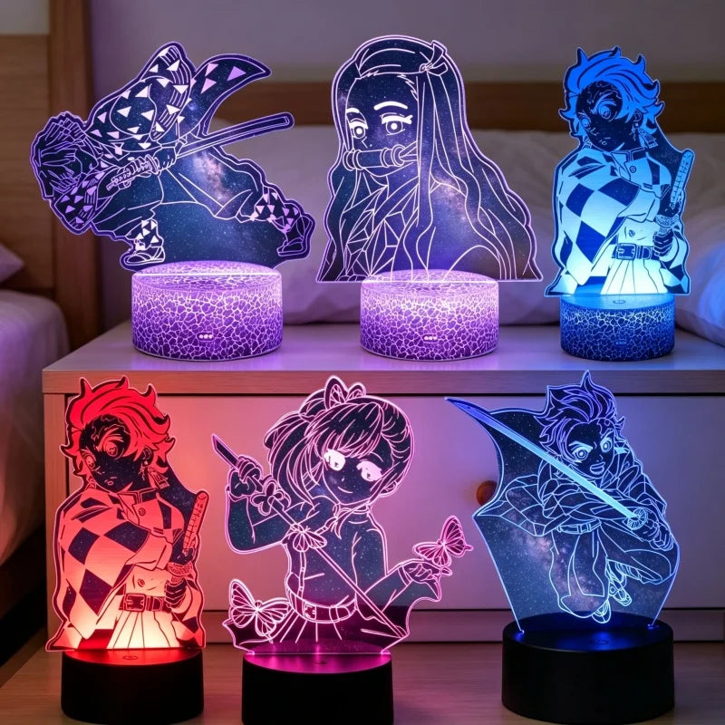 Lampe 3D Demon Slayer – six lampes 3D allumées côte à côte, autre vue