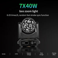 Lyres LED œil d'abeille 7 x 40 W – vue de face de la lyre et fonctions du stroboscope