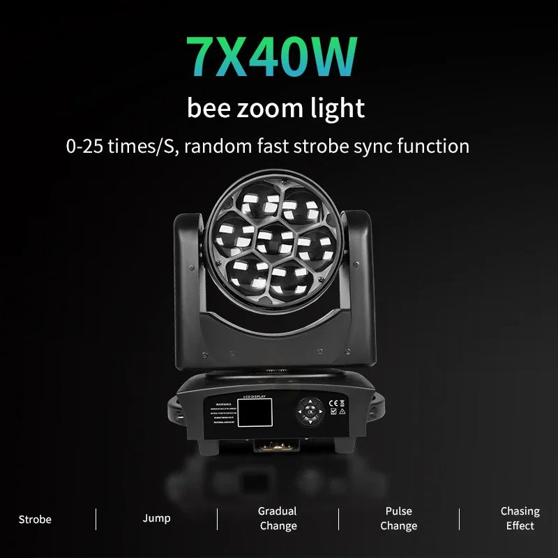 Lyres LED œil d'abeille 7 x 40 W – vue de face de la lyre et fonctions du stroboscope