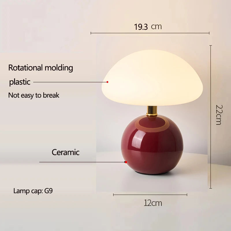 Lampe champignon en céramique – pied bordeaux et abat-jour en plastique