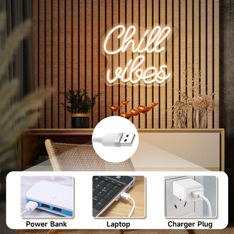 Néon déco LED « Good Vibes Only » ou « Chill Vibes » – néon « Chill Vibes » avec alimentation USB : batterie externe, ordinateur ou chargeur