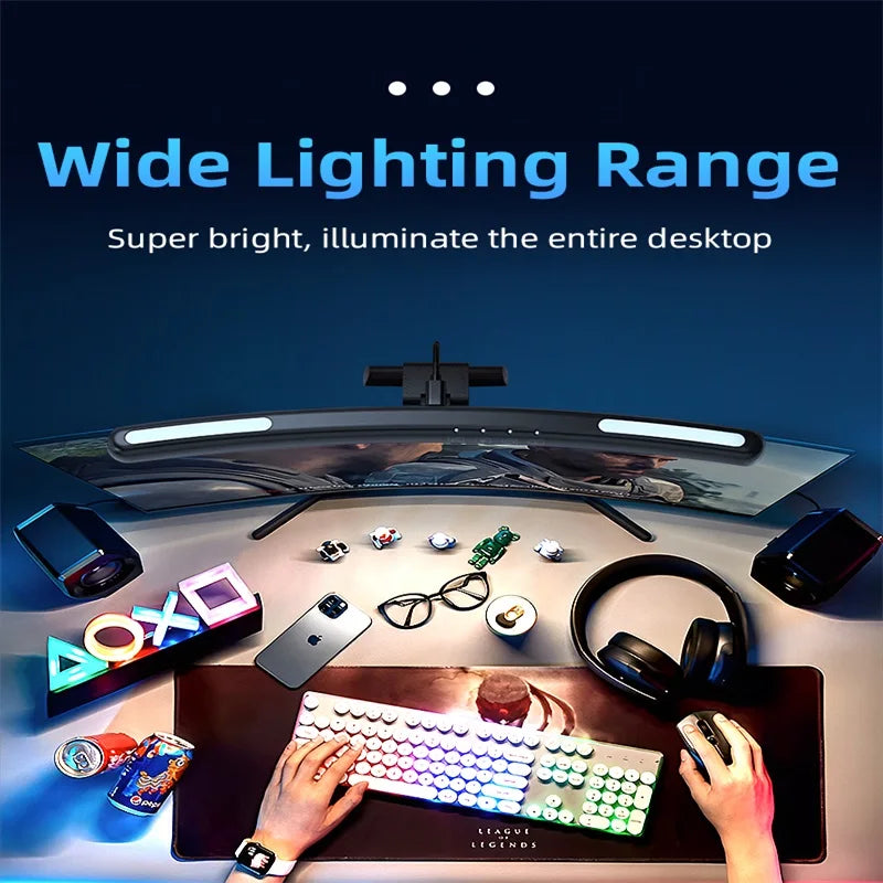 Barre lumineuse écran PC – barre allumée au-dessus d'un bureau de joueur avec clavier et tapis de souris