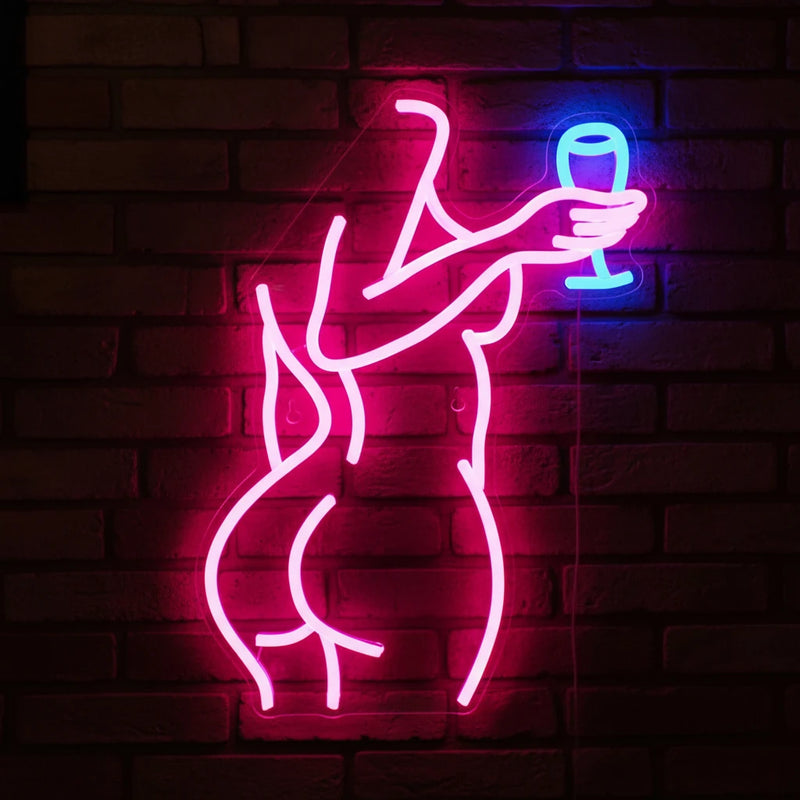 Néon LED déco bar et salle de jeux – silhouette stylisée tenant un verre, 40 x 29 cm