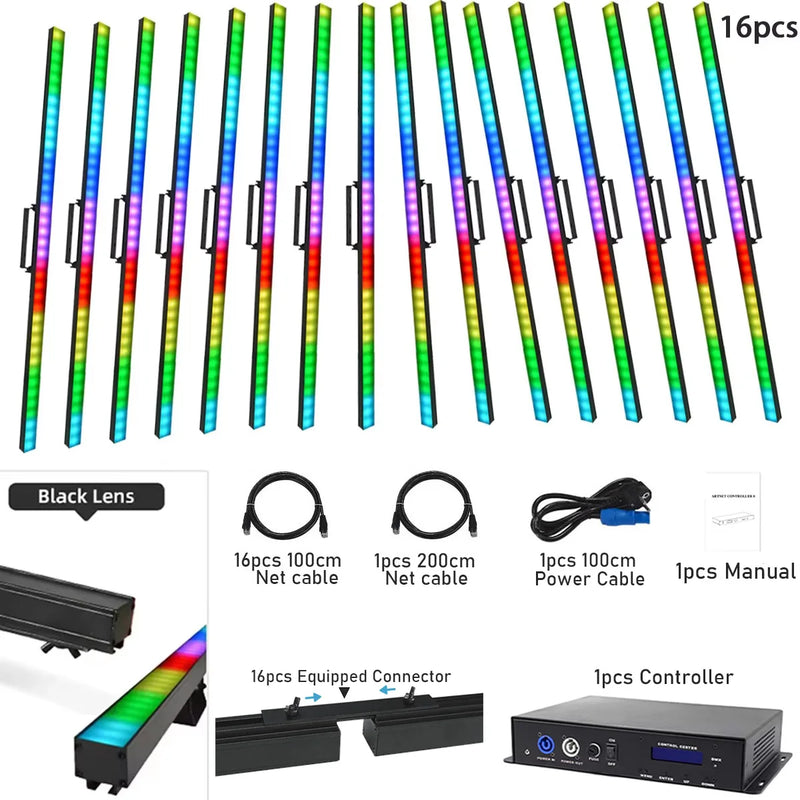 Tubes LED pixel DMX ArtNet – lot de 16 tubes avec câbles réseau, cordon d'alimentation, connecteurs et boîtier de commande