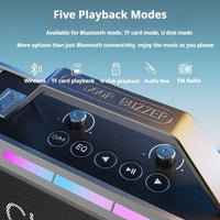 Boombox karaoké Bluetooth – panneau de commande : molettes, touche EQ et touches de lecture