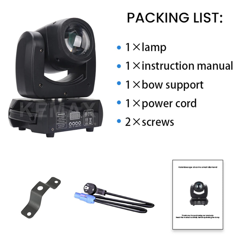 Mini lyre LED beam 100 W – contenu du colis : lyre, support, cordon, vis et manuel