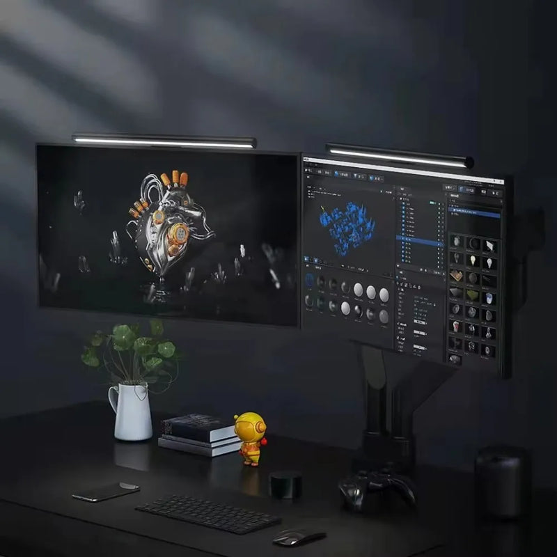 Barre lumineuse pour moniteur – deux barres sur deux écrans au-dessus d'un bureau