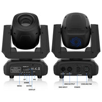 Lyre LED spot 120 W à gobos – vues de face et de dos avec menu, connecteurs DMX et ventilateur
