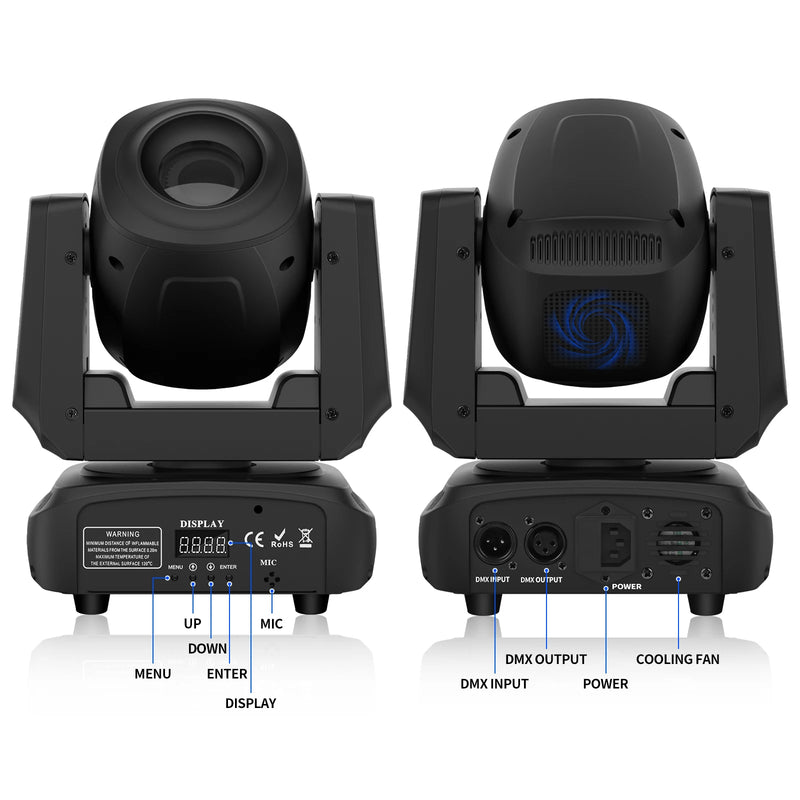 Lyre LED spot 120 W à gobos – vues de face et de dos avec menu, connecteurs DMX et ventilateur