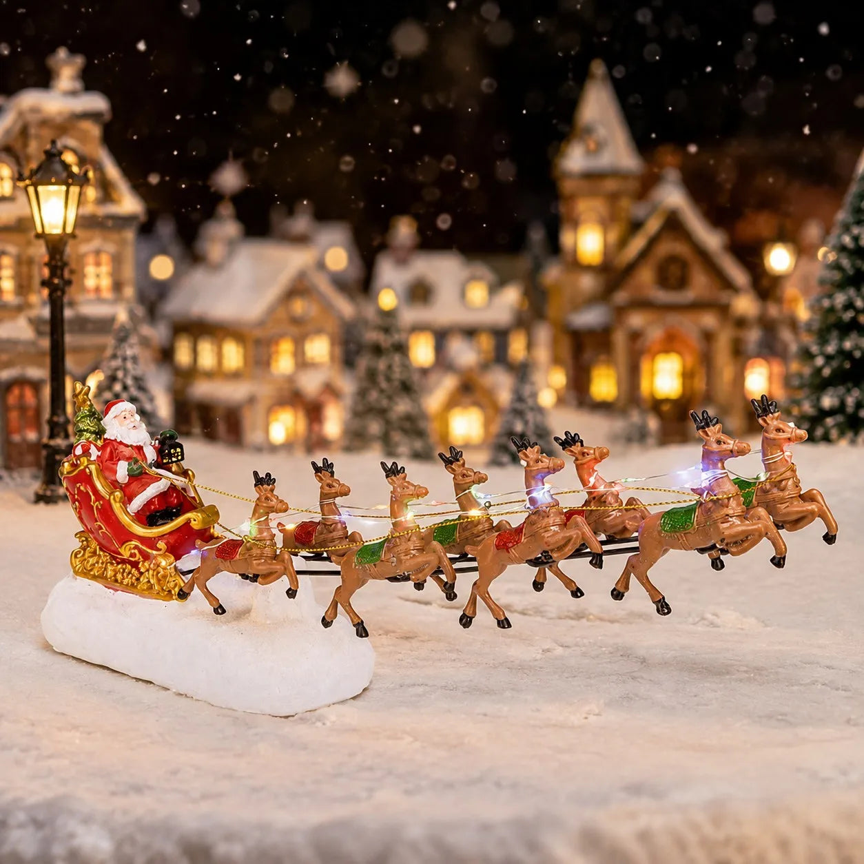 Traîneau et rennes lumineux du Père Noël, figurine de village, 36 cm