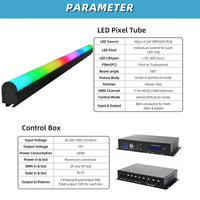 Tubes LED pixel DMX ArtNet – tableau des caractéristiques du tube et du boîtier de commande