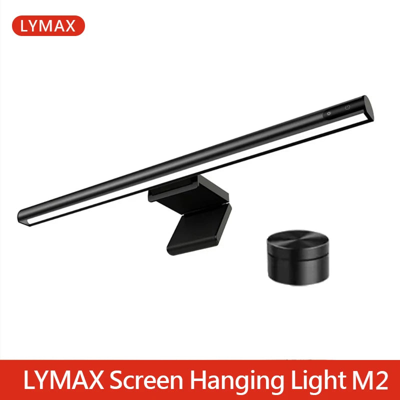 Lampe suspendue pour écran – barre lumineuse noire et sa fixation sur fond blanc, avec un bouton rond à côté