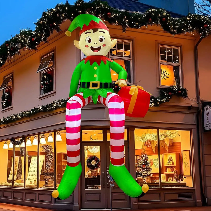 Elfe de Noël gonflable assis, 2,45 m, avec LED et cadeau