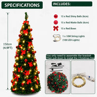 Sapin de Noël pliant pré-décoré en rouge, 150, 180 ou 210 cm, avec ou sans guirlande LED USB