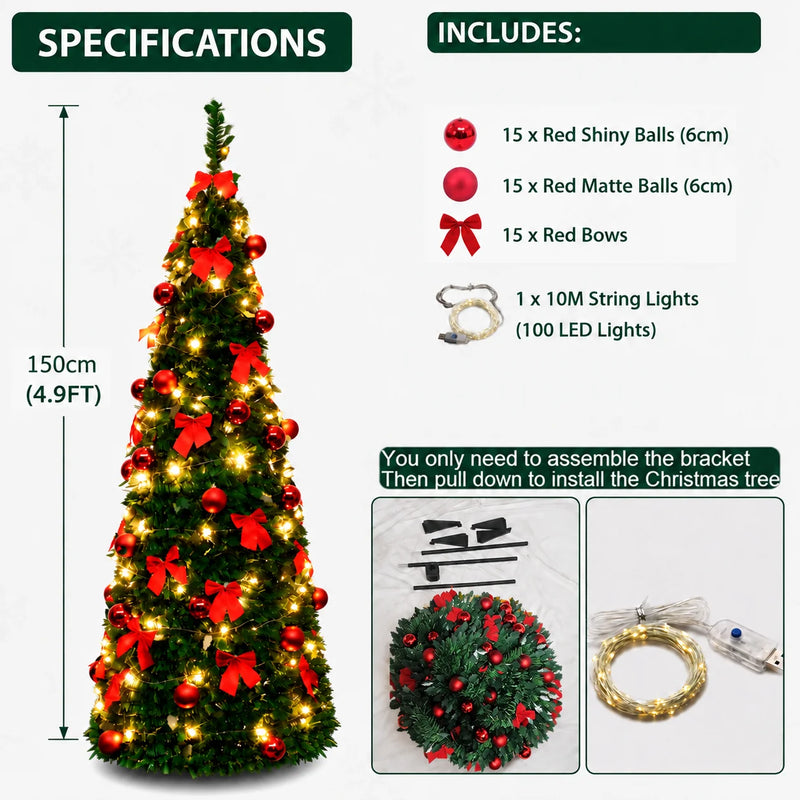 Sapin de Noël pliant pré-décoré en rouge, 150, 180 ou 210 cm, avec ou sans guirlande LED USB