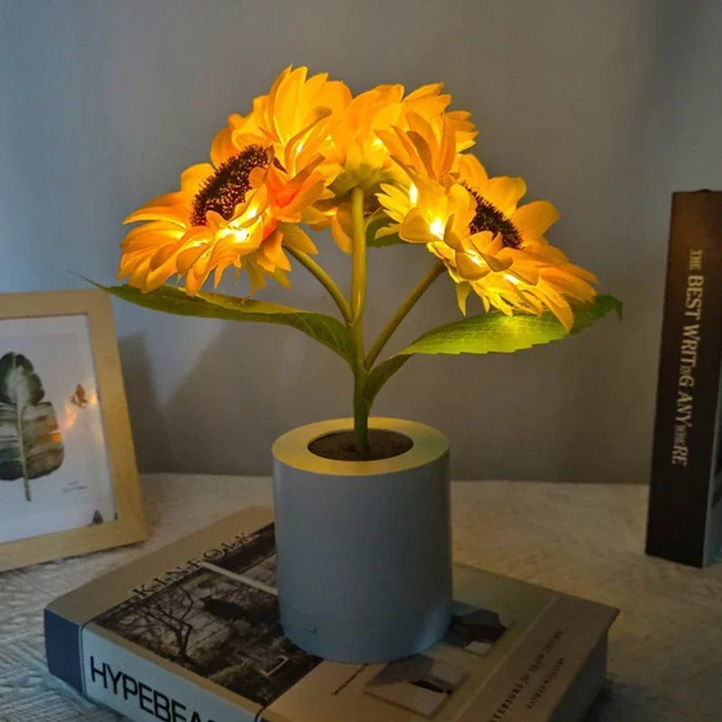 Veilleuse LED tournesol rechargeable USB, 3 fleurs lumineuses en pot, 26 cm
