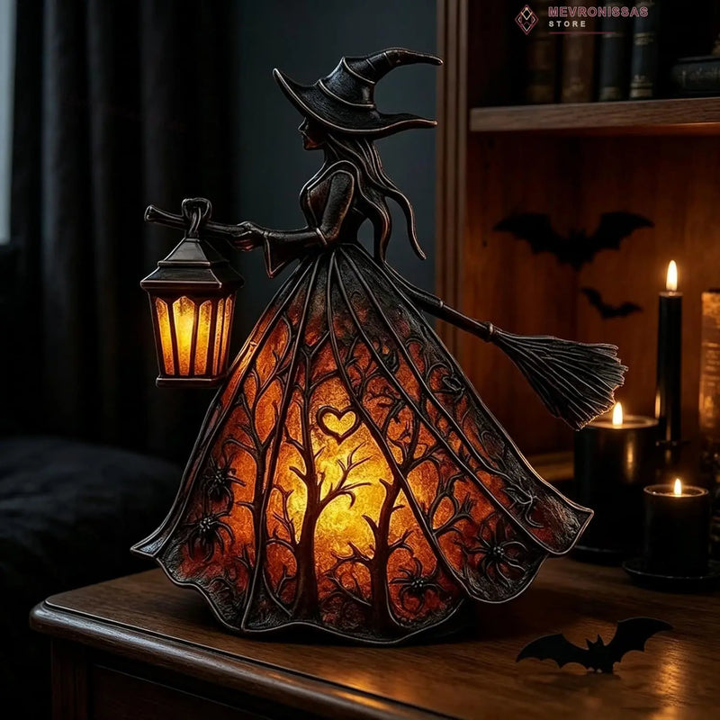 Lampe sorcière d'Halloween en résine, lanterne et balai, 16 cm