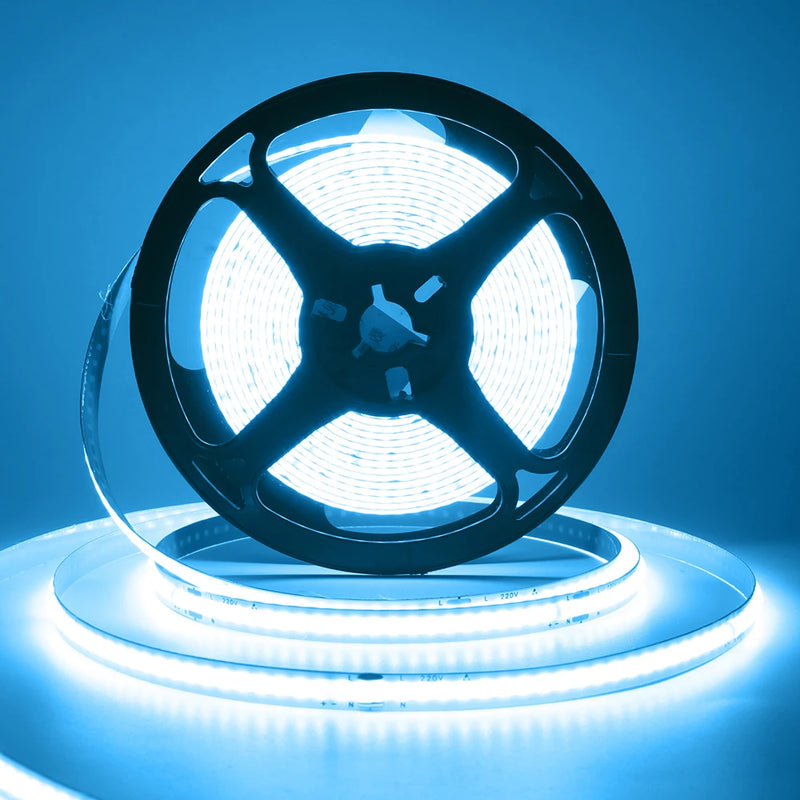 Ruban LED COB 220 V – rouleau allumé en bleu glacier