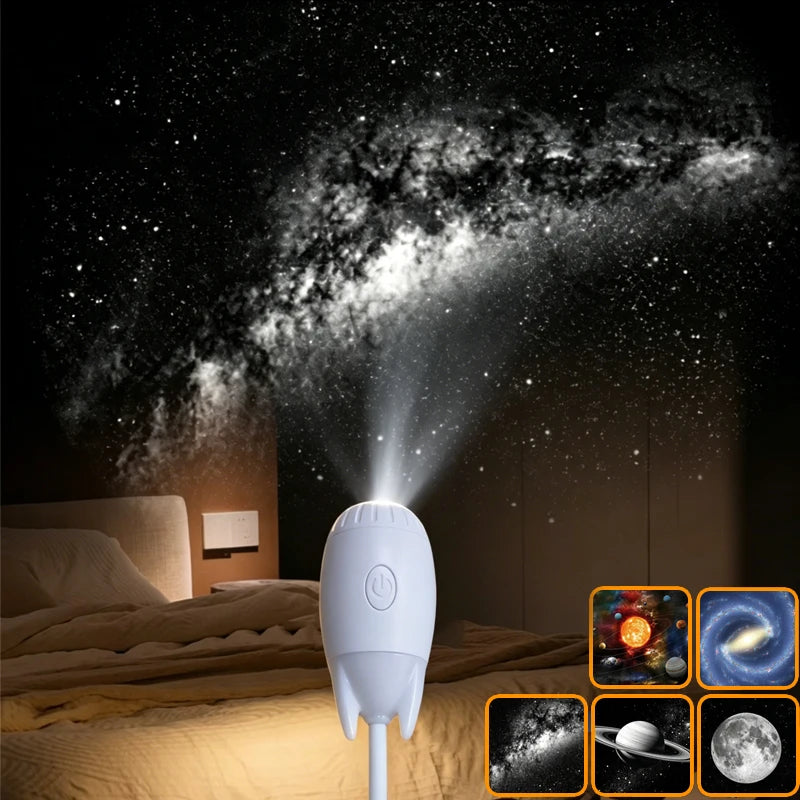 Mini projecteur d'étoiles USB à tête ogive – lampe sur une table de chevet projetant la Voie lactée, avec 5 films