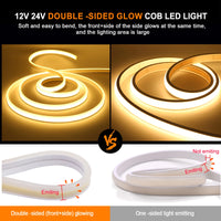 Ruban LED néon COB double face IP65 – éclairage de face et de côté comparé à un ruban à une seule face