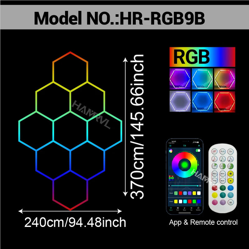 Éclairage LED hexagonal RGB pour garage, de 1 à 11 hexagones, application et télécommande