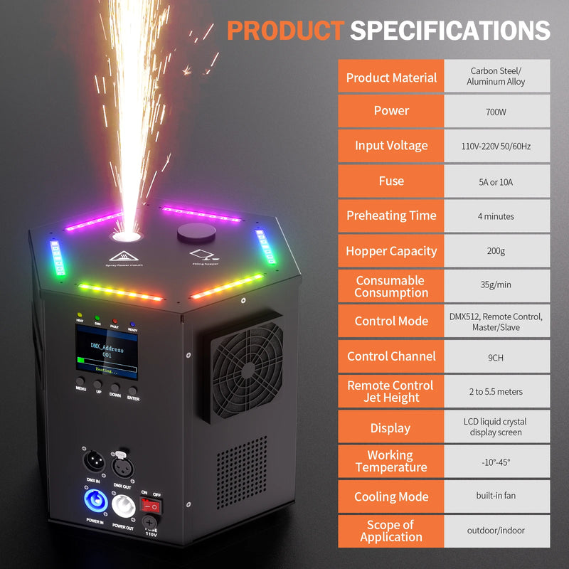 Machine à étincelles froides 700 W – tableau des caractéristiques techniques