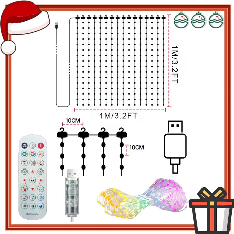 Rideau lumineux LED – schéma du format 1 x 1 m avec télécommande et contrôleur USB