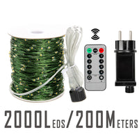 Guirlande fil vert – format 200 m, 2 000 LED avec boîtier d'alimentation et télécommande