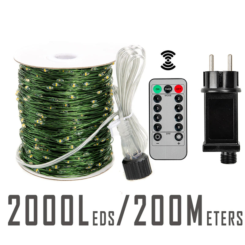 Guirlande fil vert – format 200 m, 2 000 LED avec boîtier d'alimentation et télécommande