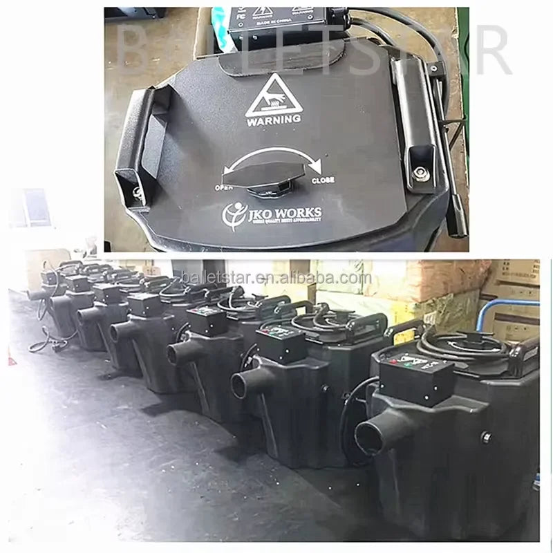 Machine à fumée lourde 4000 W – gros plan sur le couvercle à bouton rotatif et rangée de machines alignées