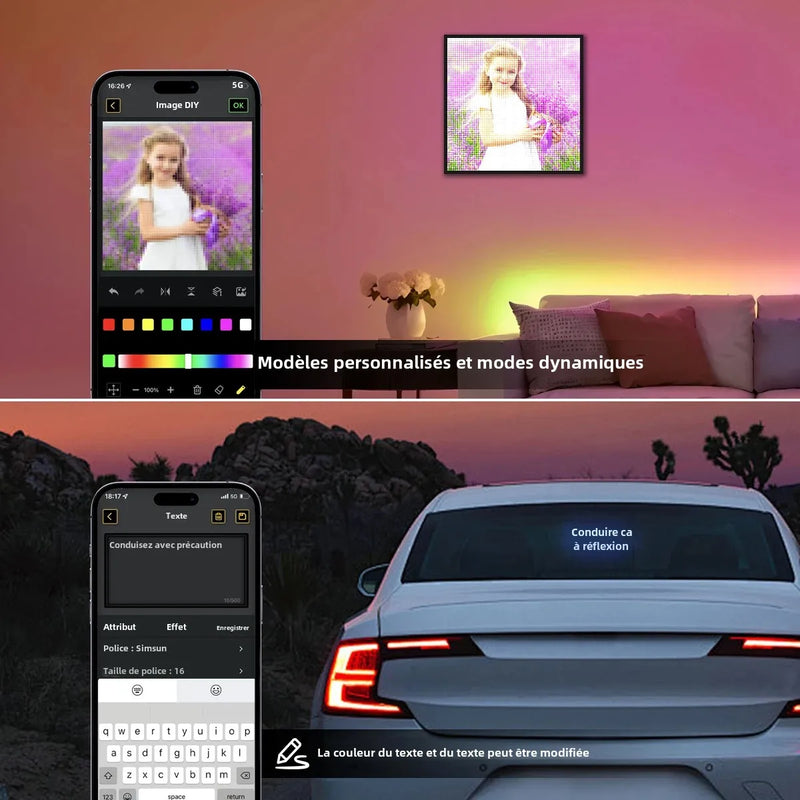 Panneau LED programmable pour voiture, pixels 32 x 32 ou 64 x 64, application Bluetooth