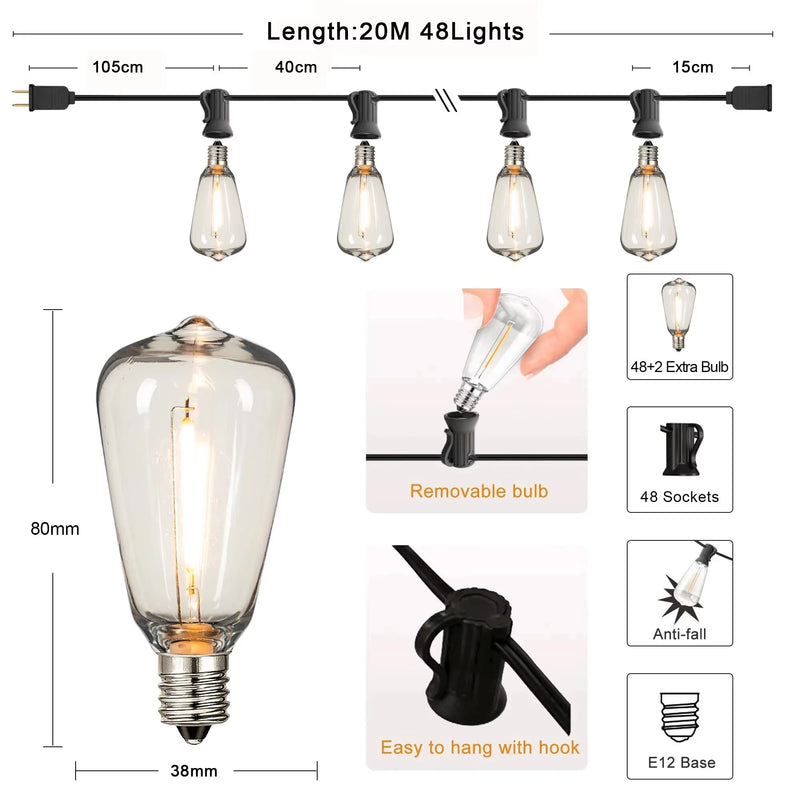 Guirlande guinguette extérieur LED connectable, ampoules incassables IP44, 10 ou 20 m