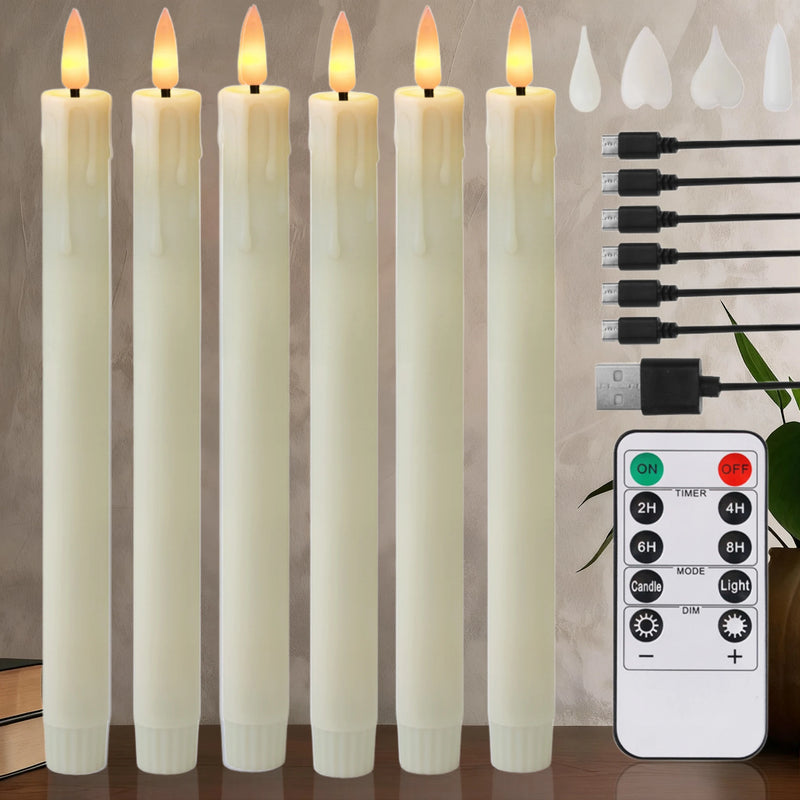 Bougies LED coniques rechargeables – 6 bougies ivoire avec câbles de charge et télécommande