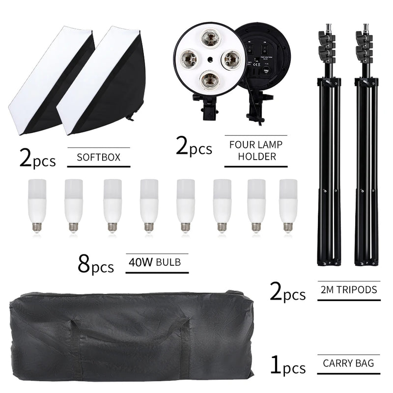 Kit softbox 50x70 cm – contenu du kit à 2 softbox et 8 ampoules 40 W