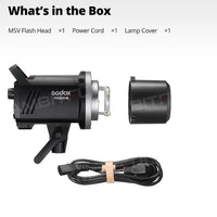 Flash de studio MS200V – contenu du colis : tête de flash, cordon et capot de lampe