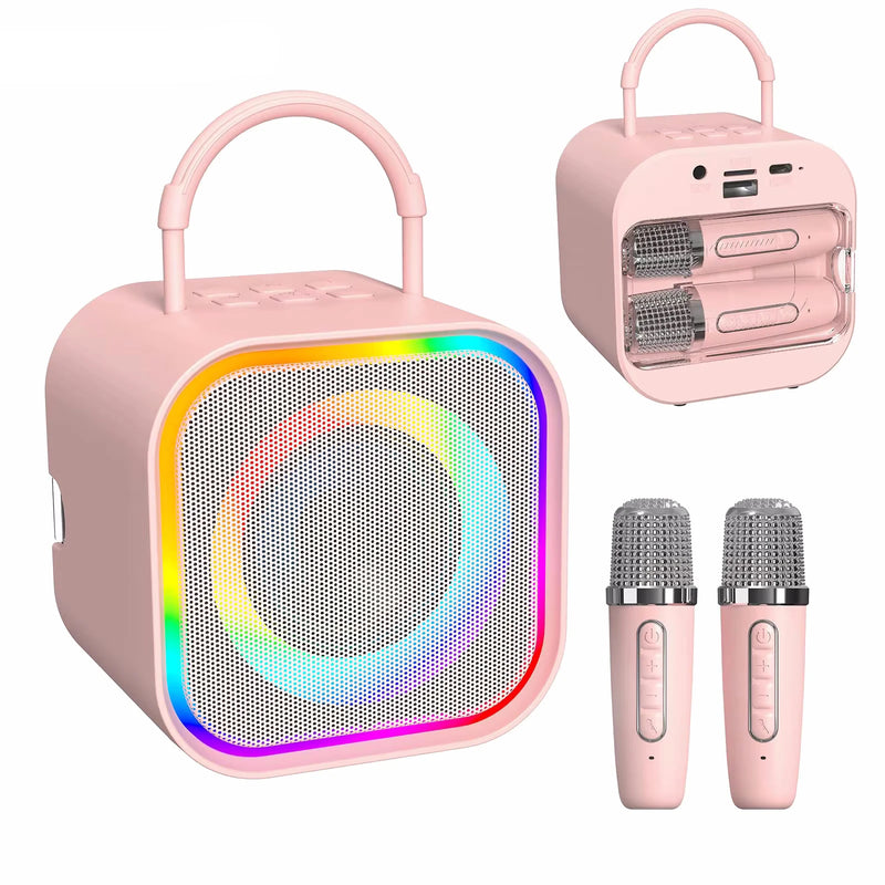 Enceinte karaoké enfant – coloris rose avec ses 2 micros et son compartiment de rangement