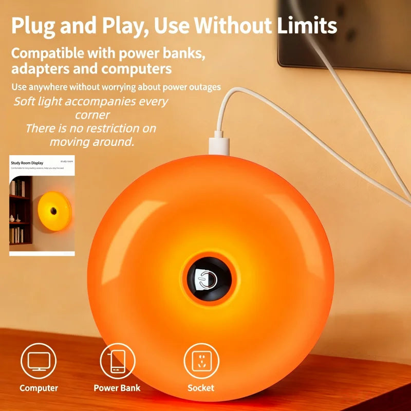 Lampe d'ambiance beignet orange, tactile, USB, 22,5 cm, murale ou à poser