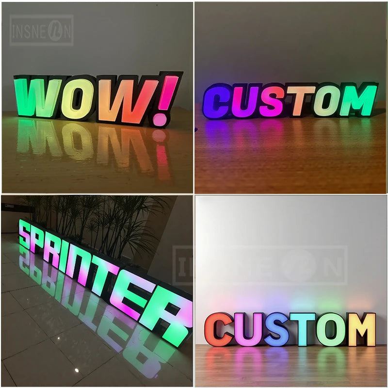 Lettres boîtier 3D – quatre exemples de mots lumineux en relief