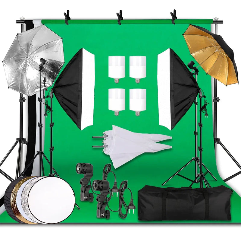 Kit studio photo à la pièce : 4 kits softbox et 4 cadres de fond de 2,4 x 4 m, 12 articles