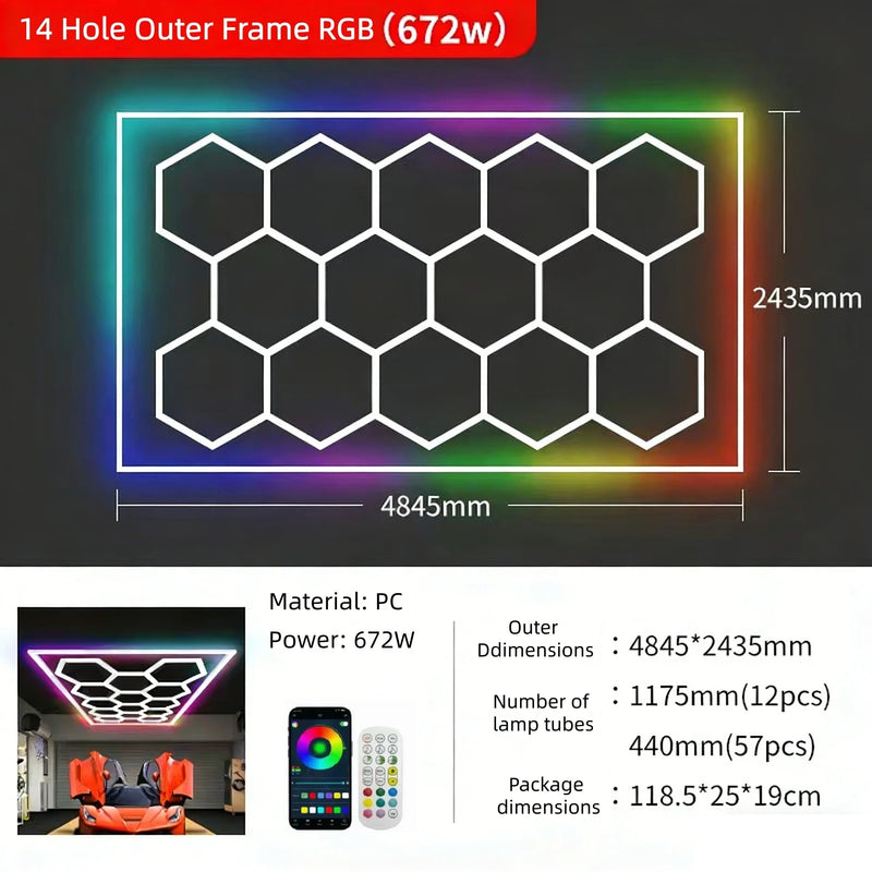 Éclairage LED hexagonal garage 14 hexagones 672 W, cadre couleur au choix
