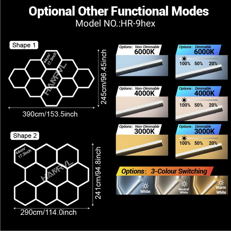 Éclairage LED hexagonal garage modulable, 1 à 25 hexagones, cadres et chevrons