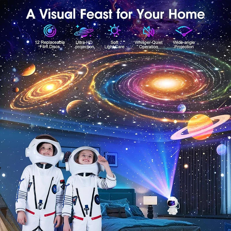 Projecteur galaxie astronaute – projection de galaxie et de planètes sur le plafond avec deux enfants