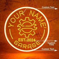 Néon garage personnalisé avec votre nom, engrenage, rond 29 cm, USB