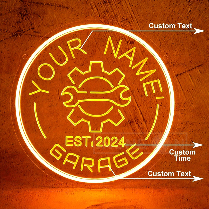 Néon garage personnalisé avec votre nom, engrenage, rond 29 cm, USB