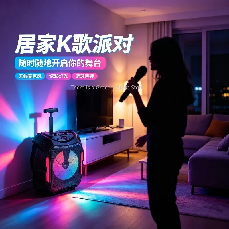 Enceinte karaoké lumineuse – chanteuse au micro devant un téléviseur